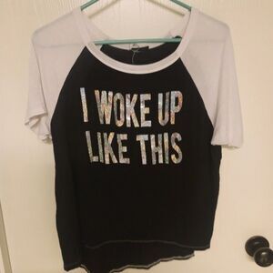 ~ women's black and shiny glitter text "I woke up like this" short sleeve shirt